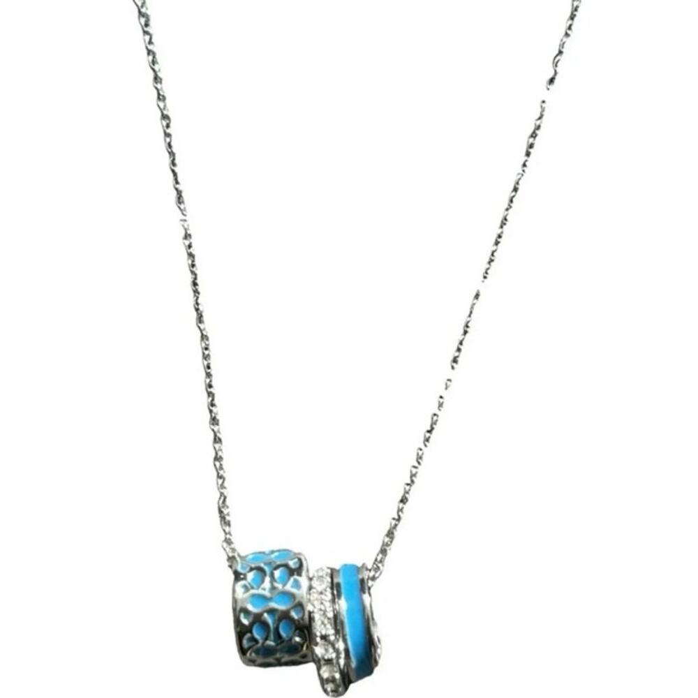 Coach Signature Black‎ Enamel Crystal Rondell Charm Silver Tone Necklace C1905